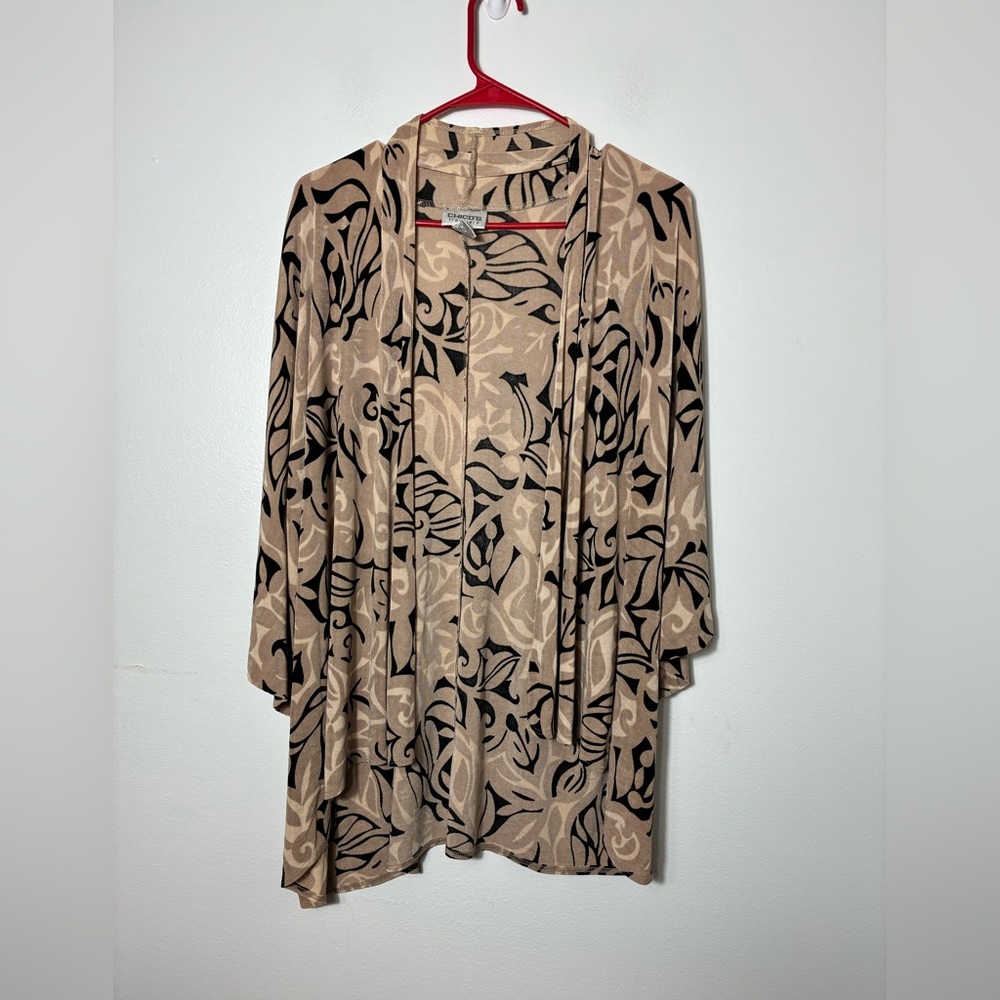 chicos travelers size 3 open front cardigan Long Sleeve Tan/black Travel‎ Work